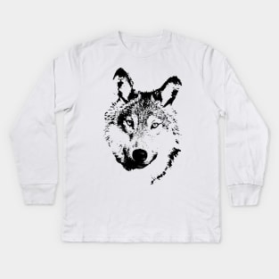 black and white, cartoon head of the beast, wolf Kids Long Sleeve T-Shirt